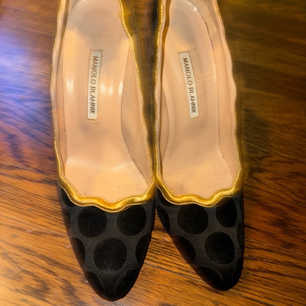 Manolo Blahnik Black Polka Dot Heels with Gold Trim